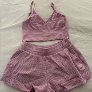 Alo pink set with waffle shorts both in size M
